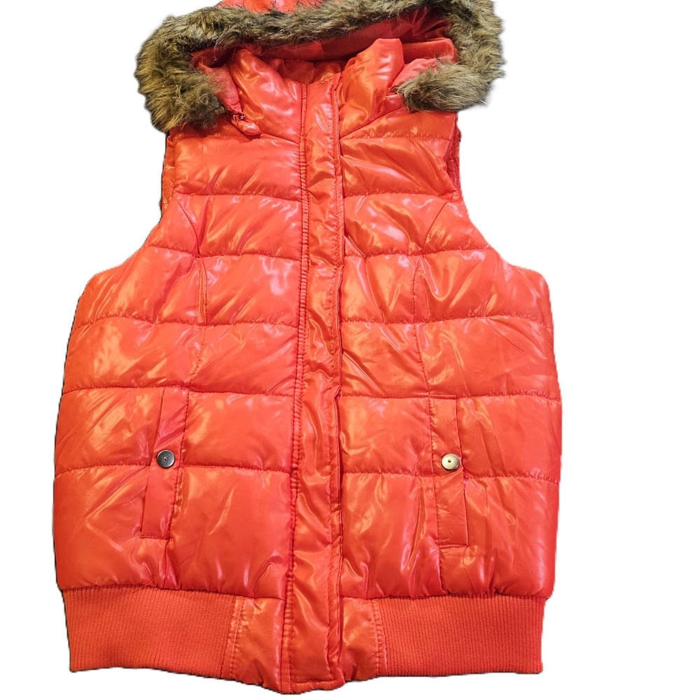 Women's Fur Trimmed Hooded Puffer Vest Vivid Orange SZ M Y2K 90's Retro Outdoors